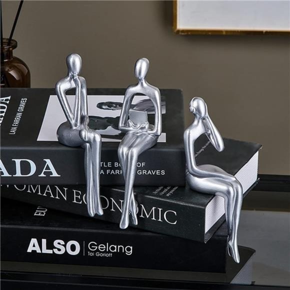 SilverDecor Thinker Statue Ornaments AbstractDecor Sculptures ResinStatue Modern - Picture 3 of 7